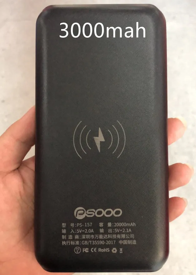 Black wireless charging power bank with three USB ports for iPhone Samsung and Xiaomi phones
