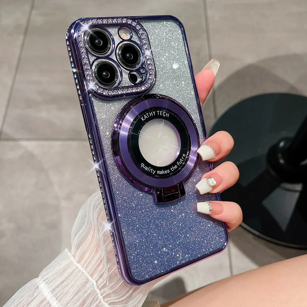 Rhinestone gradient glitter TPU phone case with magnetic suction and bracket for iPhone, peak blue gradient flash finish