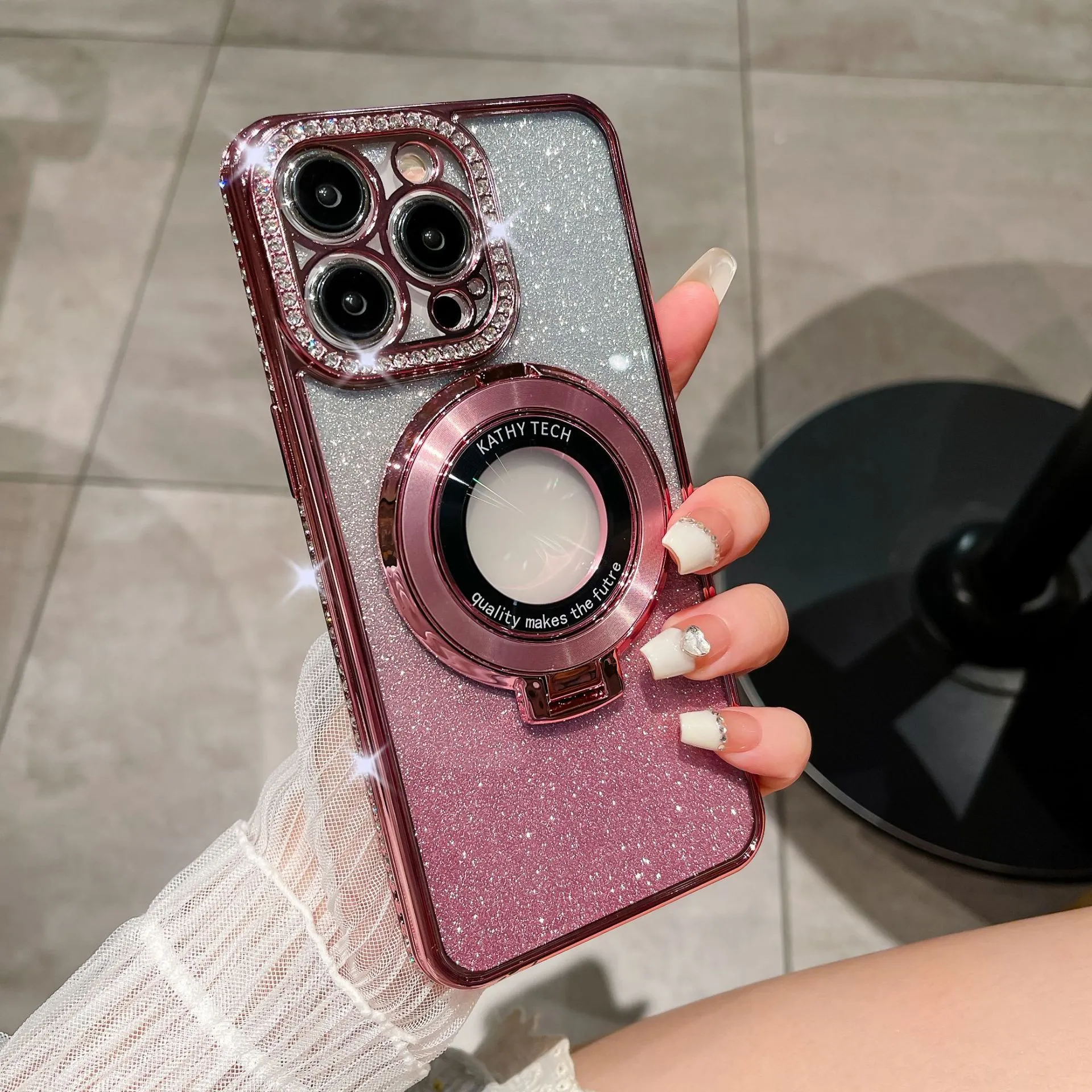 Rhinestone gradient glitter TPU phone case with magnetic suction and bracket for iPhone, peak blue gradient flash finish