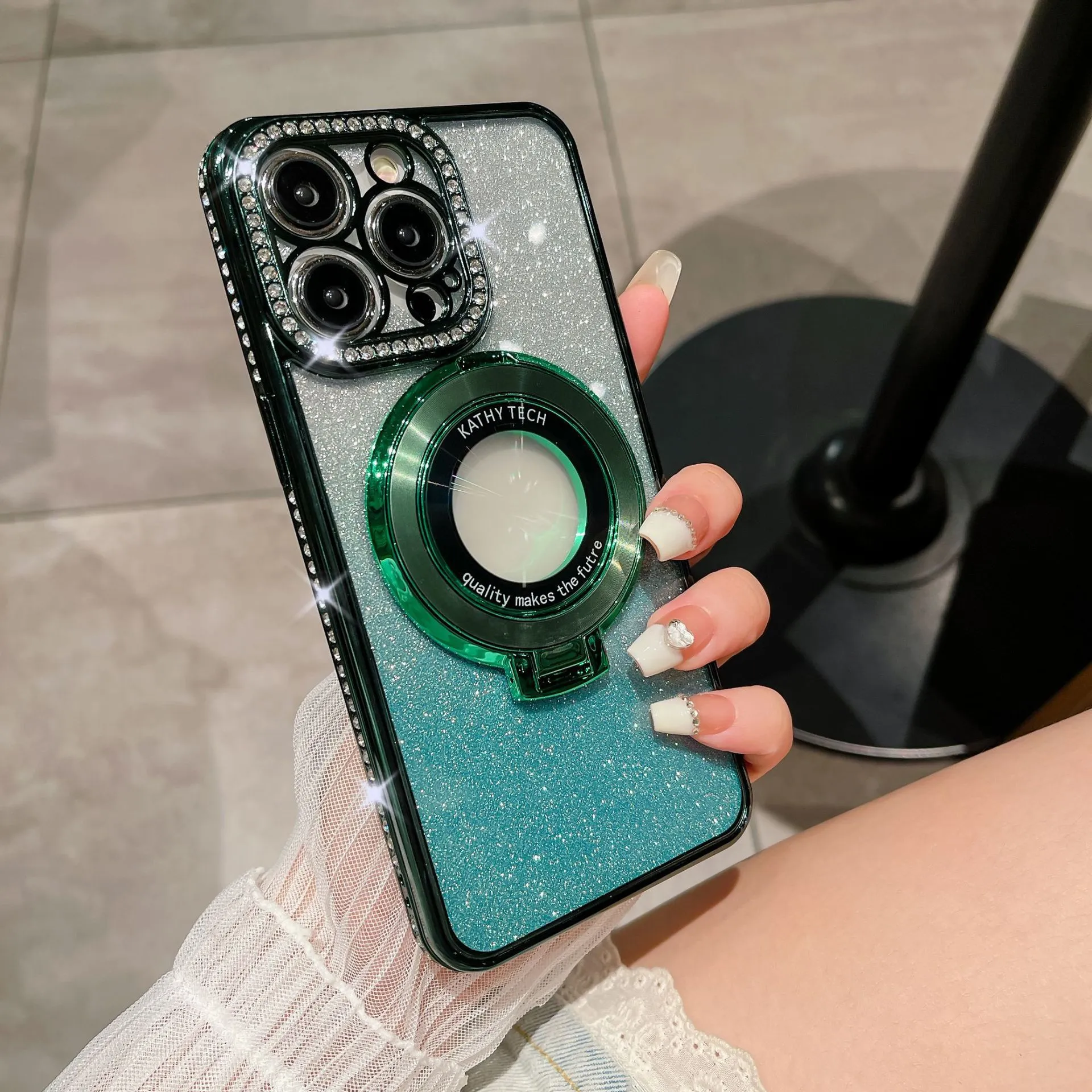 Rhinestone gradient glitter TPU phone case with magnetic suction and bracket for iPhone, peak blue gradient flash finish