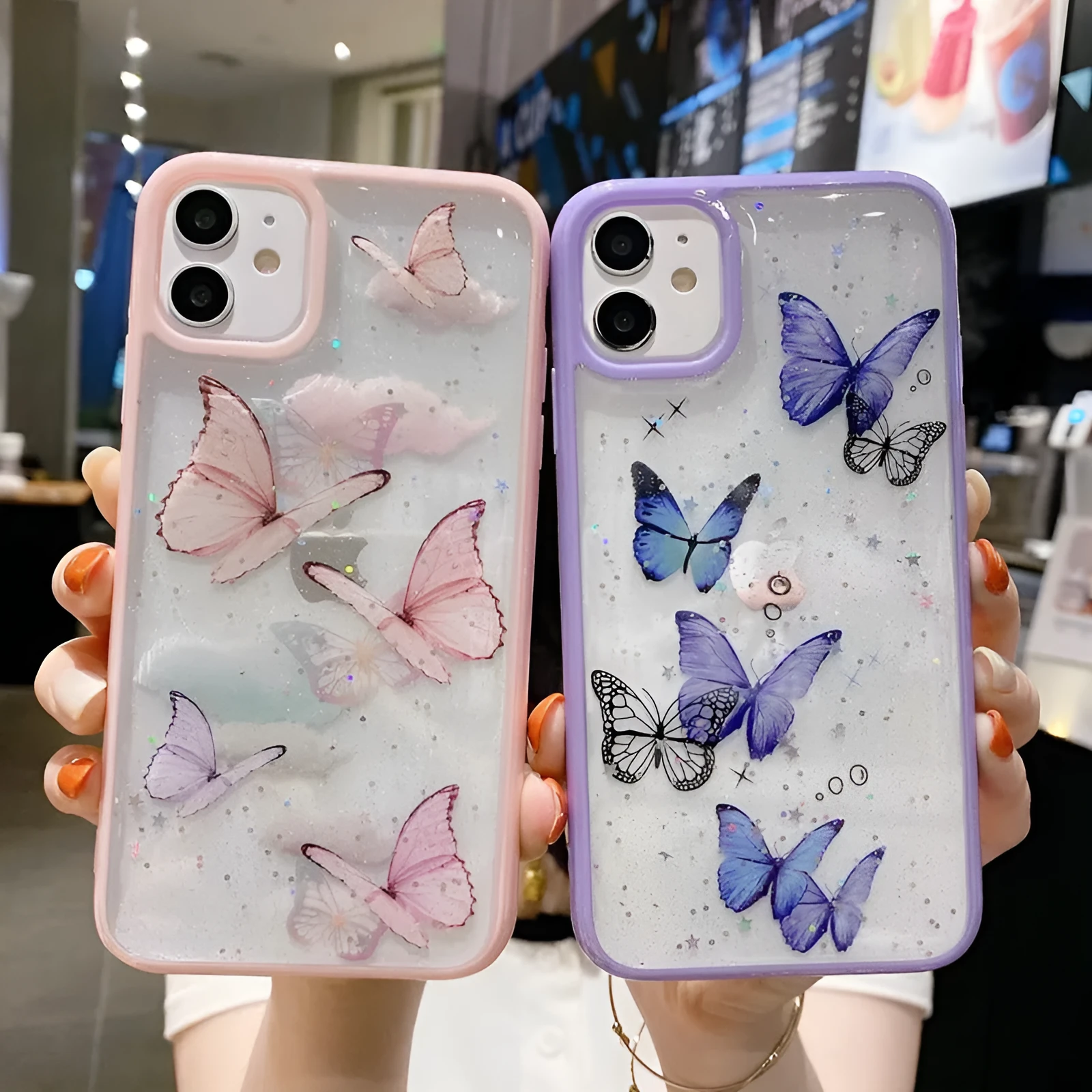 Pink epoxy glitter butterfly TPU phone case for iPhone 15, anti-fall back cover