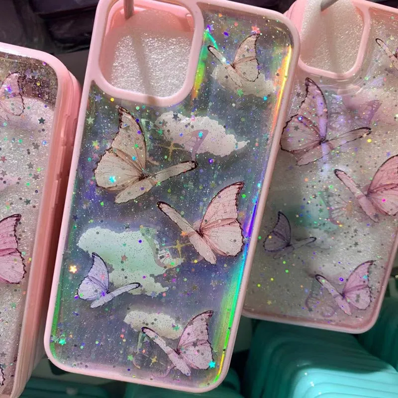Pink epoxy glitter butterfly TPU phone case for iPhone 15, anti-fall back cover