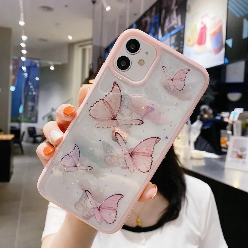 Pink epoxy glitter butterfly TPU phone case for iPhone 15, anti-fall back cover