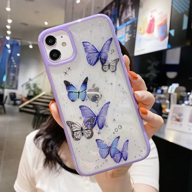 Pink epoxy glitter butterfly TPU phone case for iPhone 15, anti-fall back cover