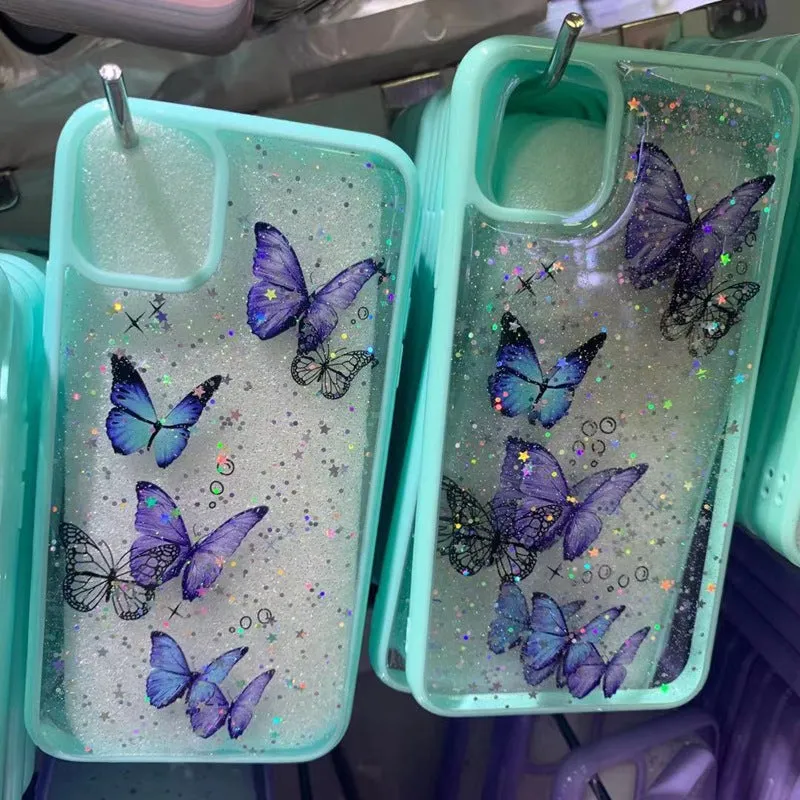 Pink epoxy glitter butterfly TPU phone case for iPhone 15, anti-fall back cover