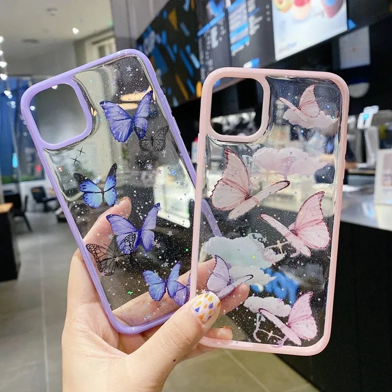 Pink epoxy glitter butterfly TPU phone case for iPhone 15, anti-fall back cover