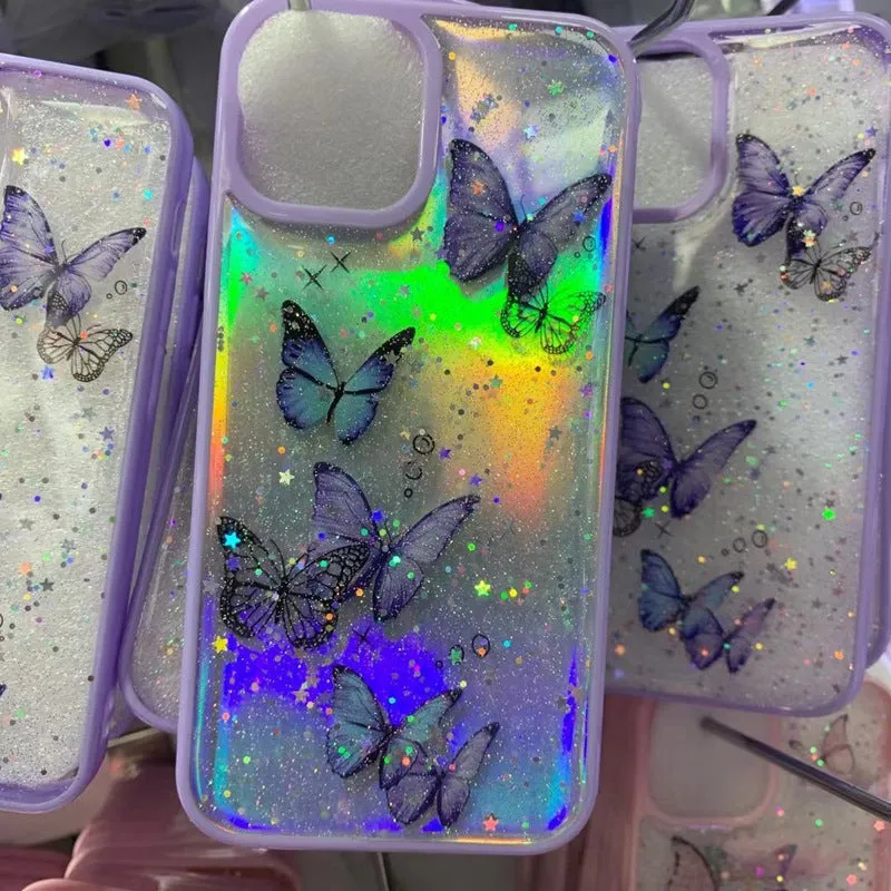 Pink epoxy glitter butterfly TPU phone case for iPhone 15, anti-fall back cover