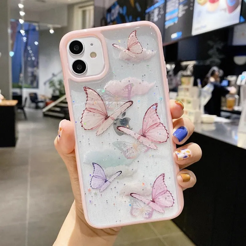 Pink epoxy glitter butterfly TPU phone case for iPhone 15, anti-fall back cover