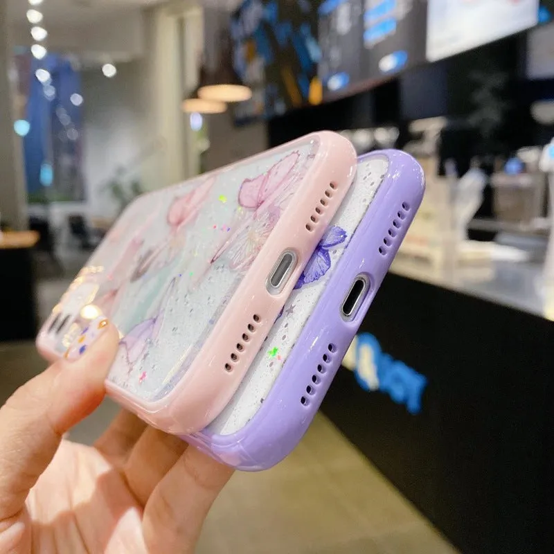 Pink epoxy glitter butterfly TPU phone case for iPhone 15, anti-fall back cover