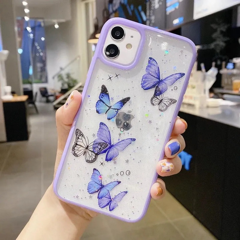 Pink epoxy glitter butterfly TPU phone case for iPhone 15, anti-fall back cover