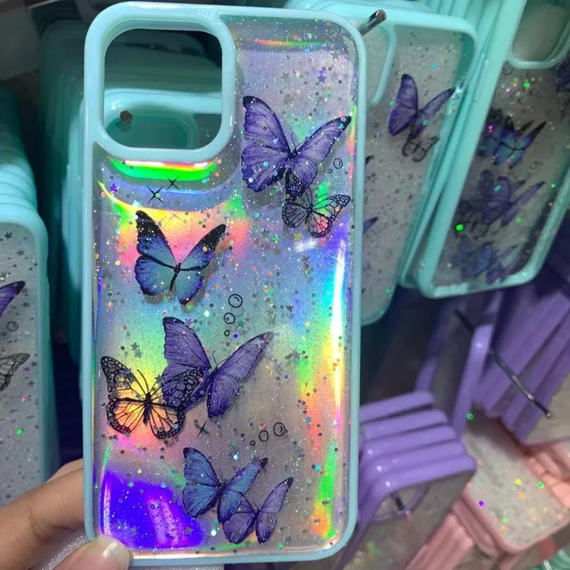 Pink epoxy glitter butterfly TPU phone case for iPhone 15, anti-fall back cover