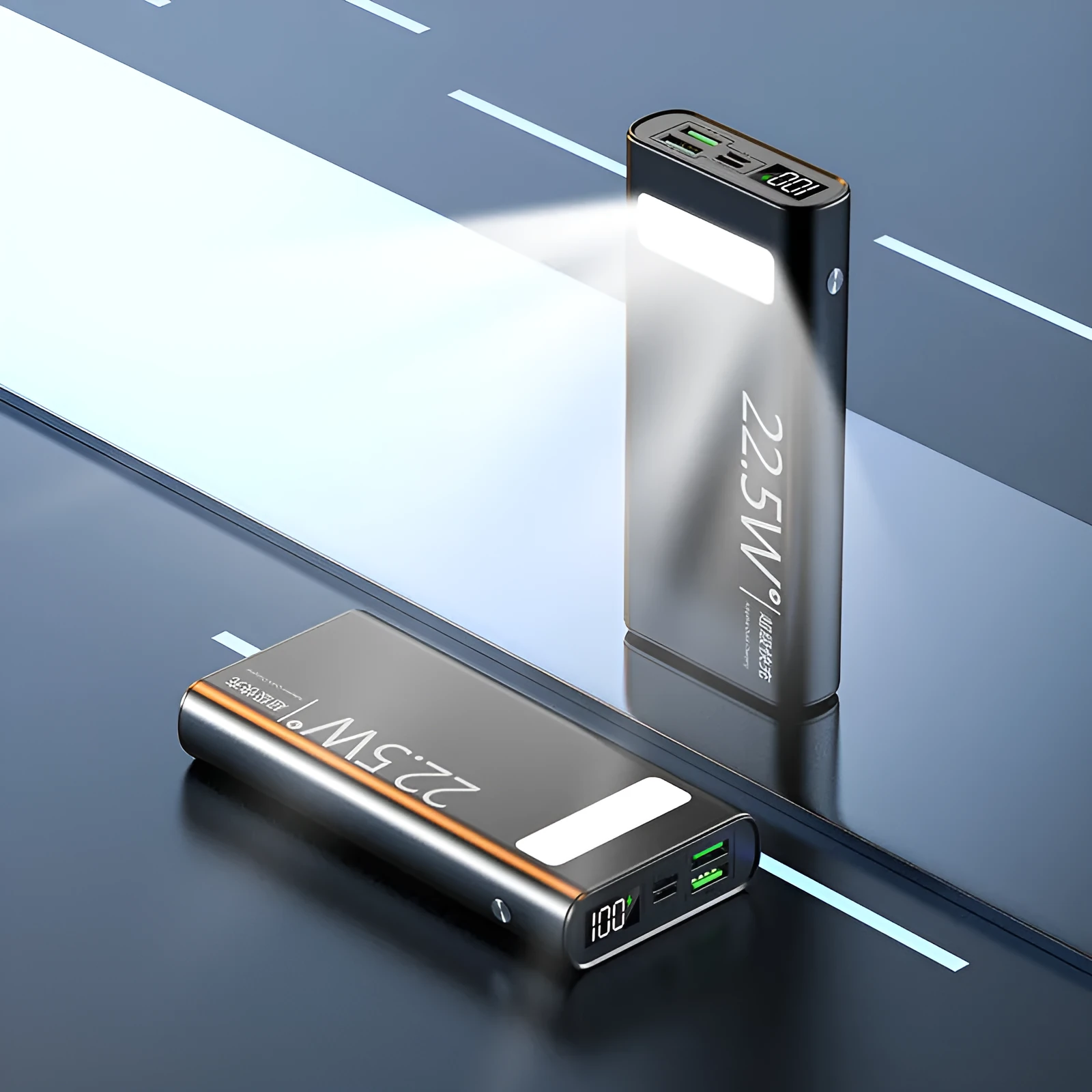 Black alloy power bank with LCD display showing battery level, featuring USB-A and USB-C ports.