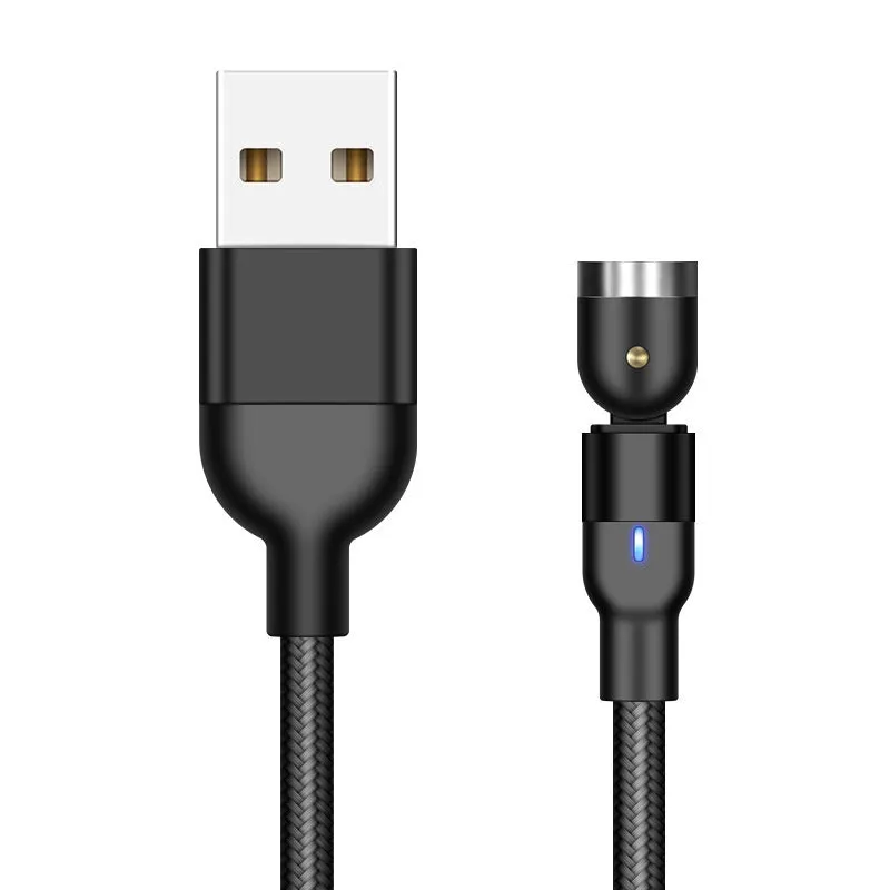 Flat elbow magnetic suction three-in-one data cable with Lightning, Micro USB, and TYPE-C connectors on a 1m woven cord
