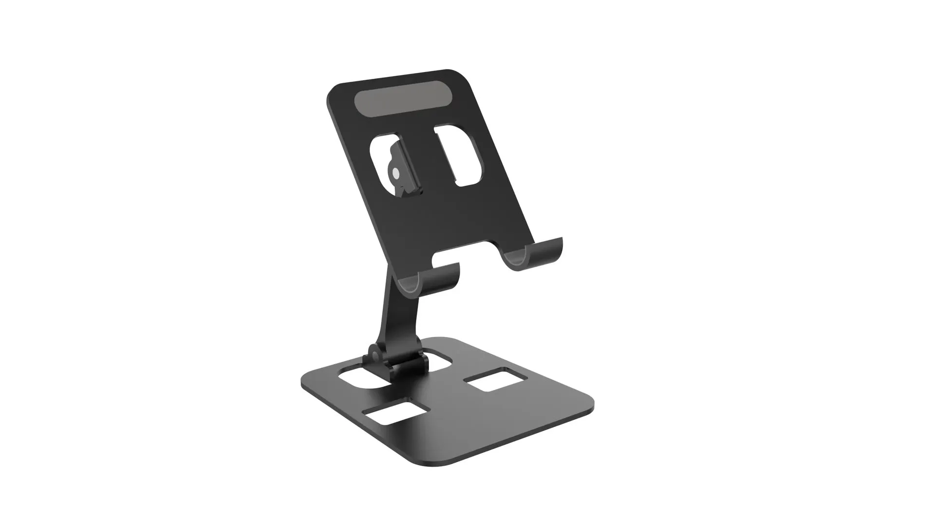 Aluminium alloy rotating mobile phone bracket in silver on a desk, showing three-axis joint and metal texture finish
