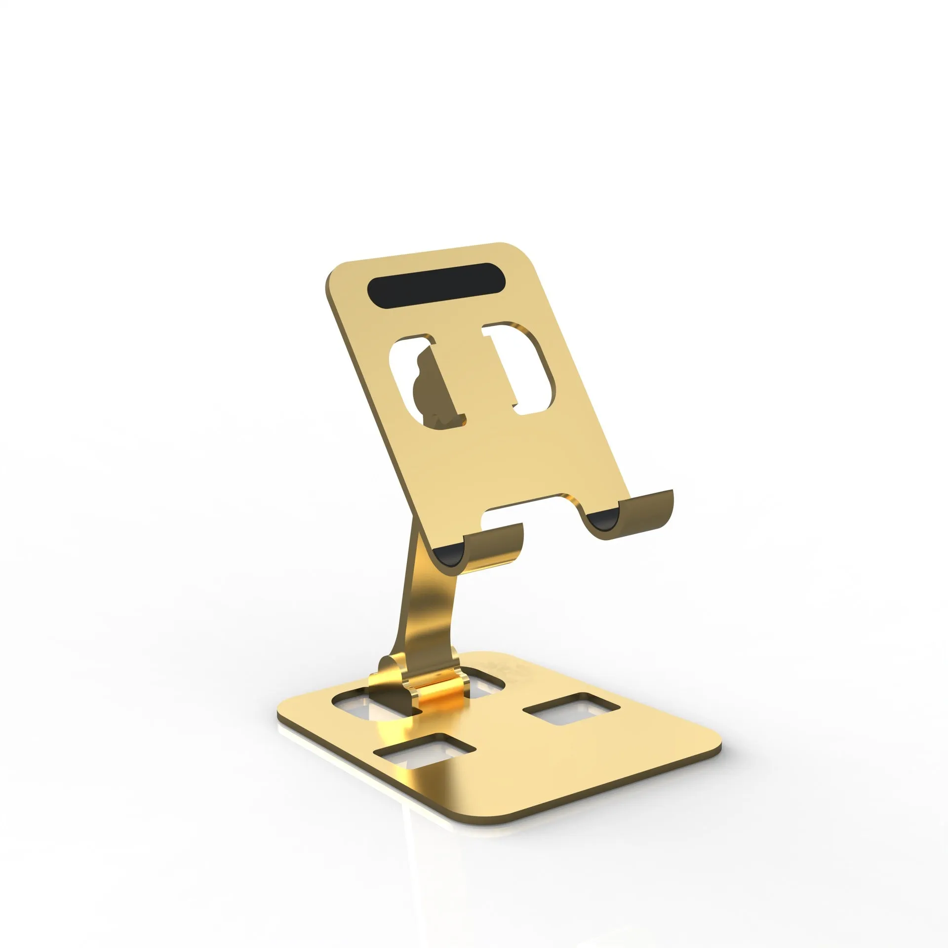 Aluminium alloy rotating mobile phone bracket in silver on a desk, showing three-axis joint and metal texture finish