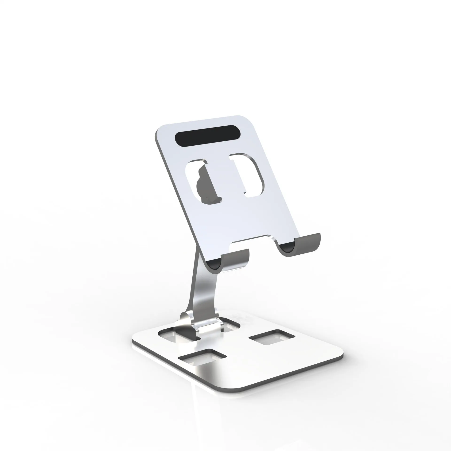 Aluminium alloy rotating mobile phone bracket in silver on a desk, showing three-axis joint and metal texture finish