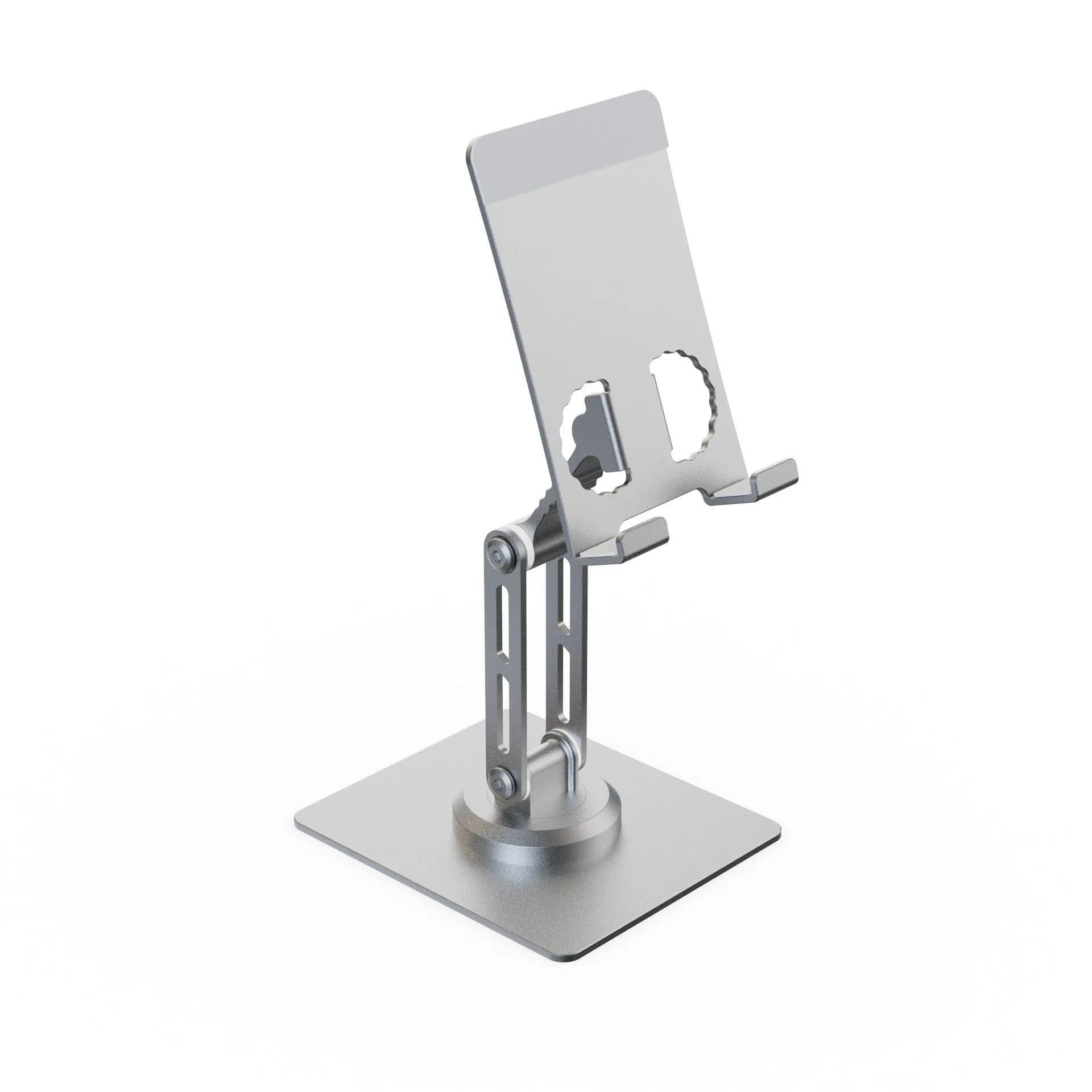 Aluminium alloy rotating mobile phone bracket in silver on a desk, showing three-axis joint and metal texture finish