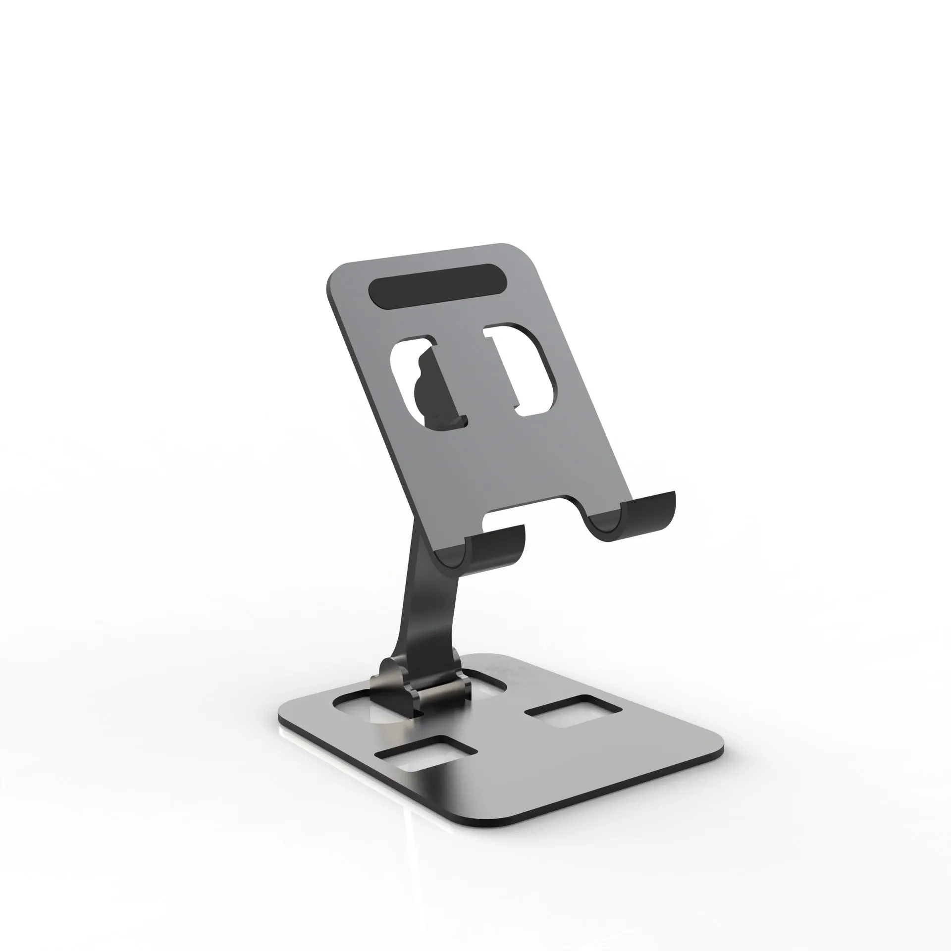 Aluminium alloy rotating mobile phone bracket in silver on a desk, showing three-axis joint and metal texture finish