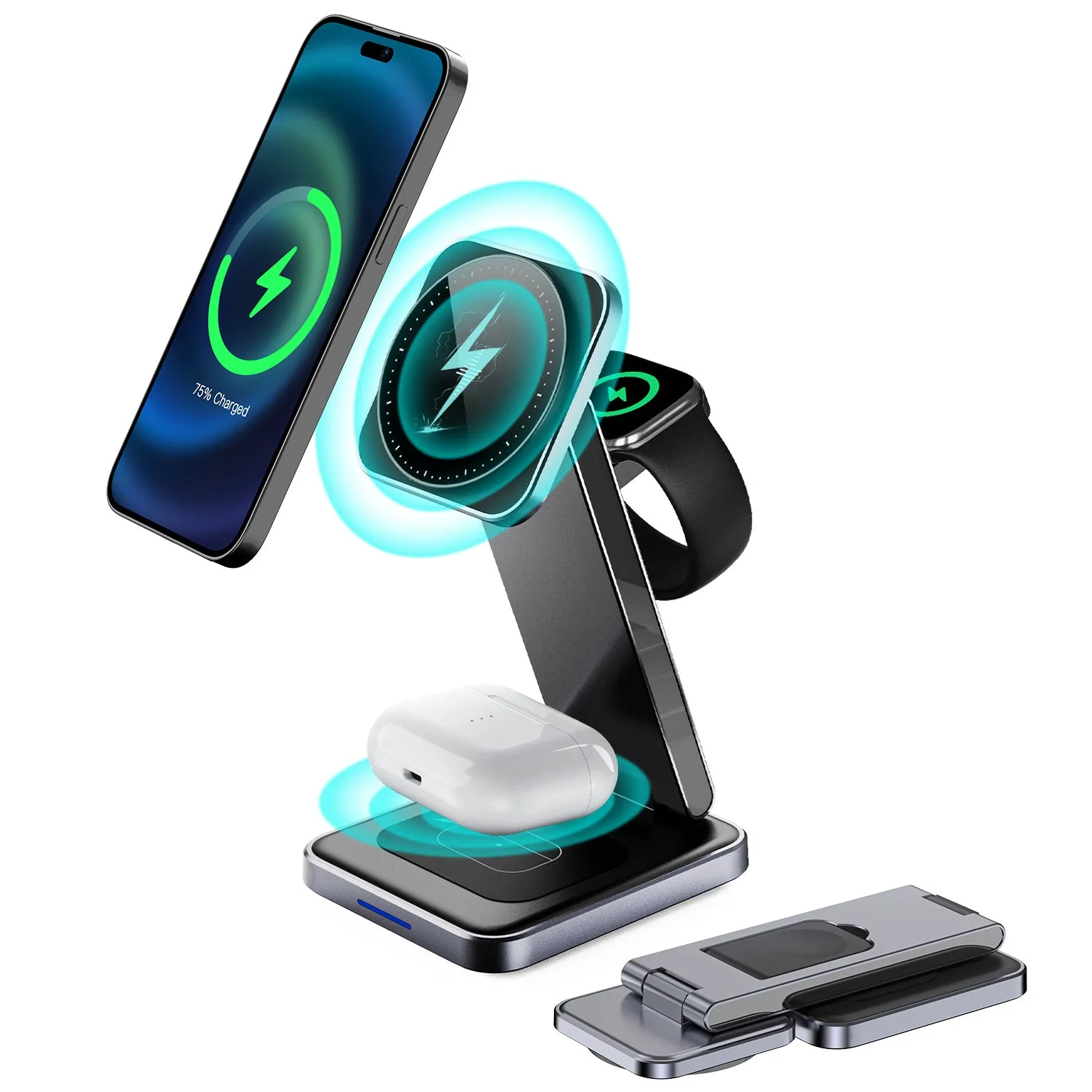 Folding alloy three-in-one wireless charger with magnetic support and digital display in black