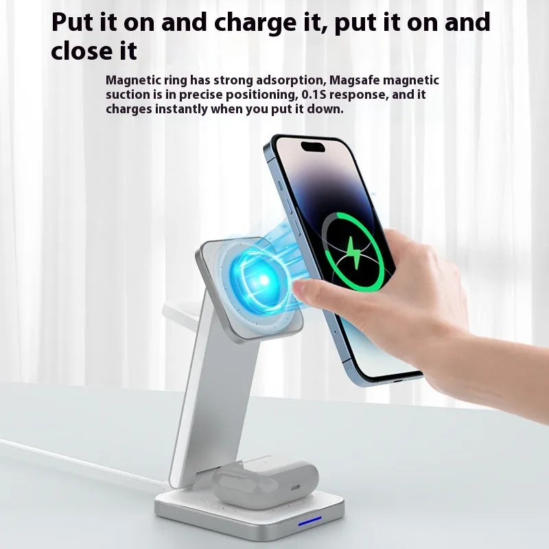 Folding alloy three-in-one wireless charger with magnetic support and digital display in black