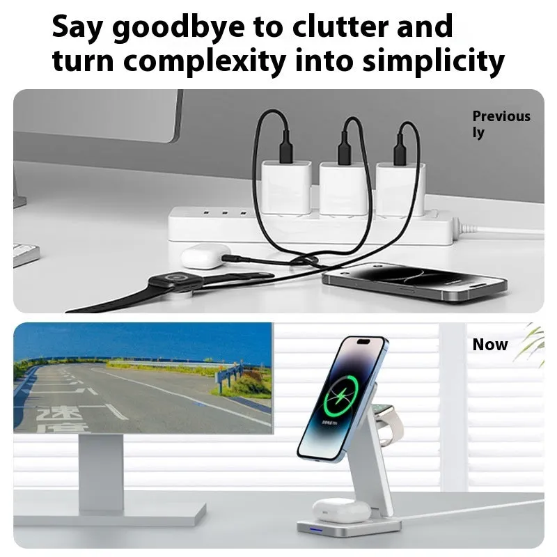 Folding alloy three-in-one wireless charger with magnetic support and digital display in black