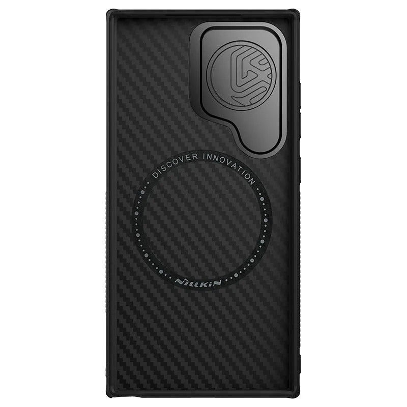 Kevlar magnetic phone bracket case for Samsung S24 Ultra in black with invisible stand