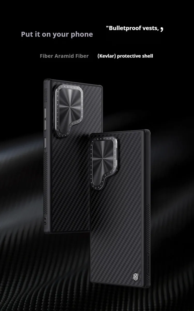 Kevlar magnetic phone bracket case for Samsung S24 Ultra in black with invisible stand