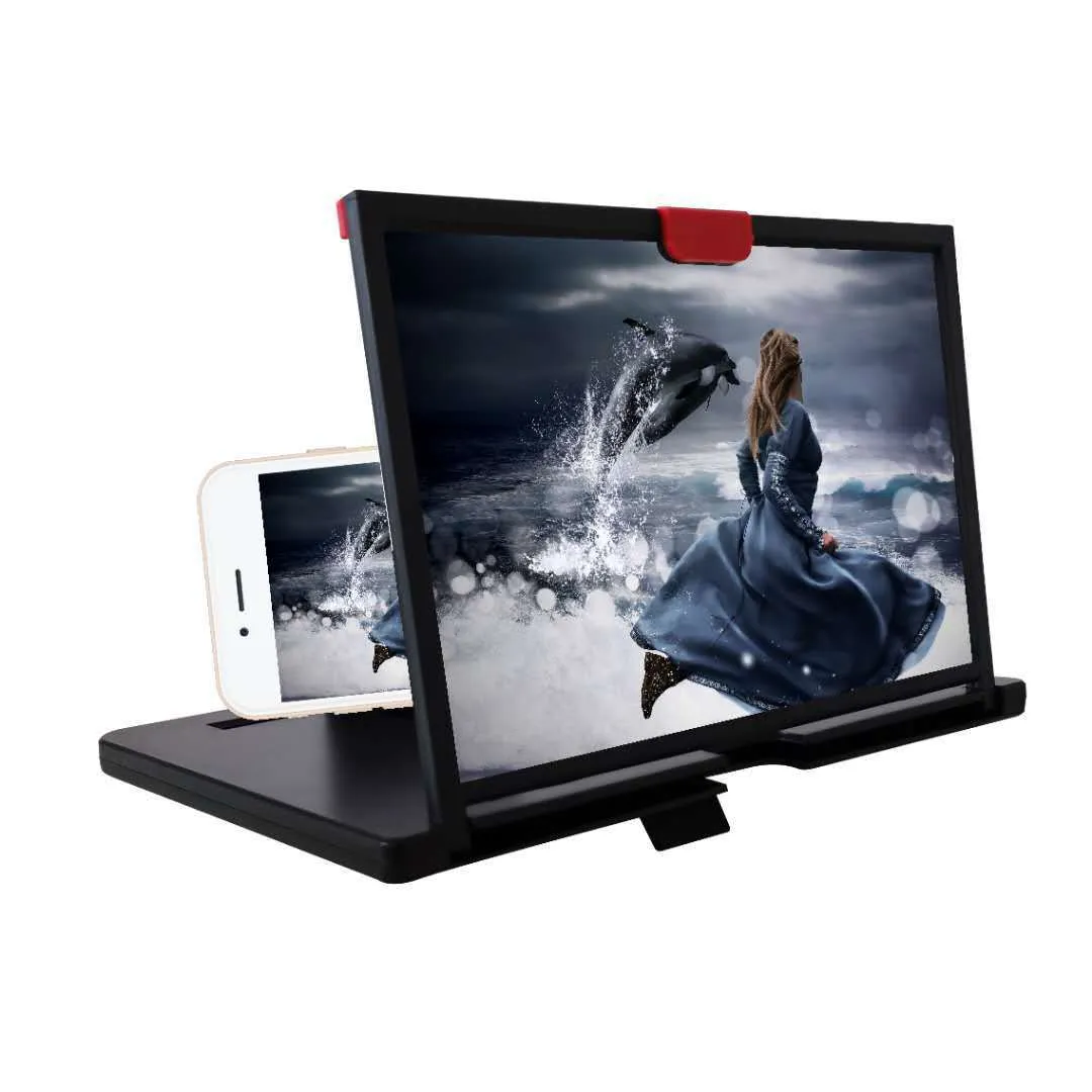 Red 10-inch desktop mobile phone screen magnifier and holder bracket on a wooden desk.