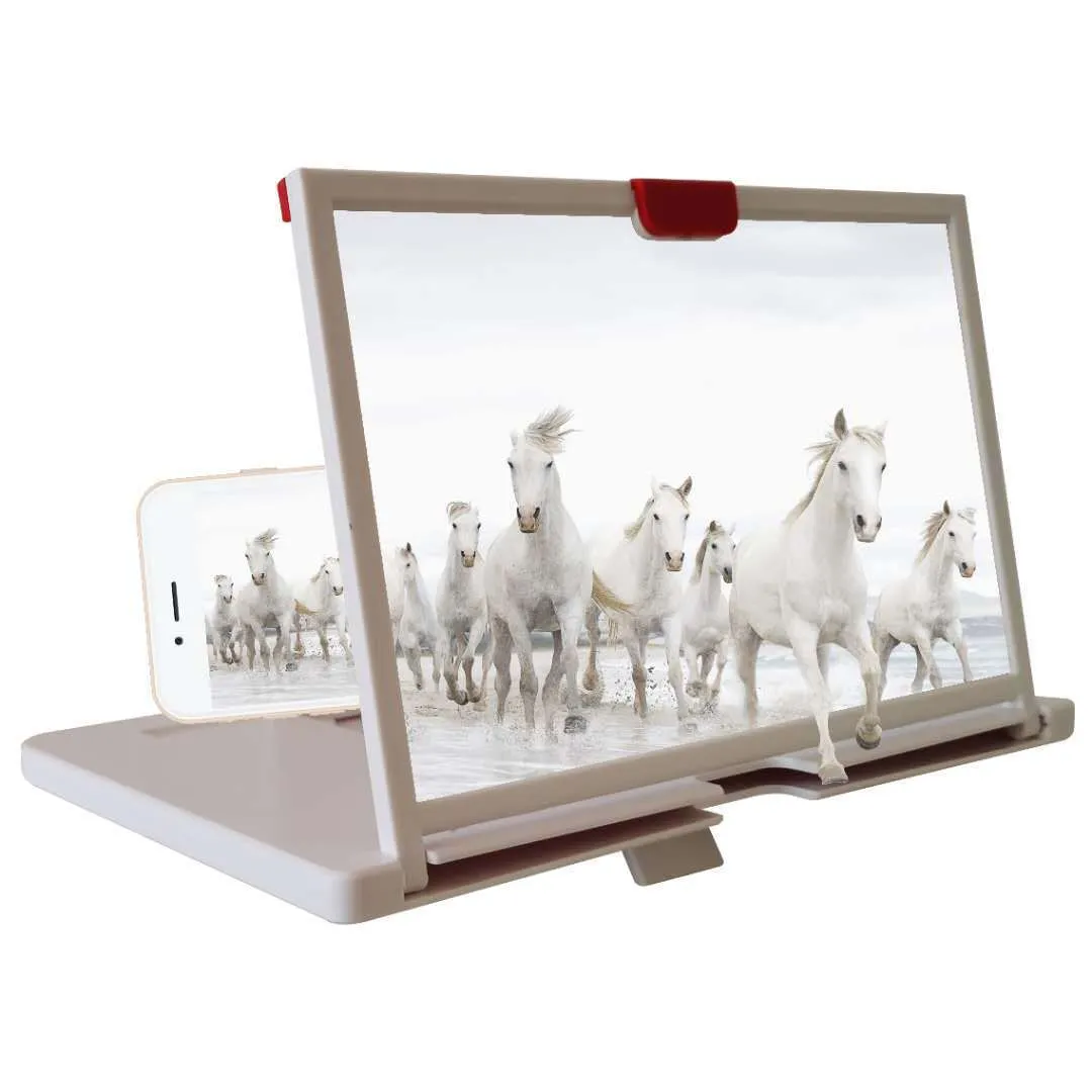 Red 10-inch desktop mobile phone screen magnifier and holder bracket on a wooden desk.