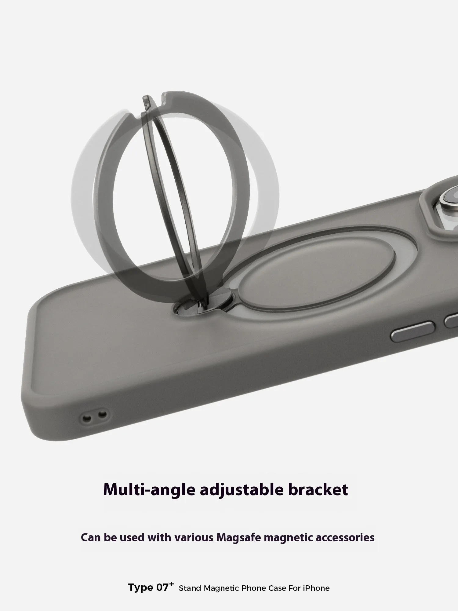 Magnetic rotating fulcrum phone case for Apple iPhone with 360-degree bracket in titanium grey on white background
