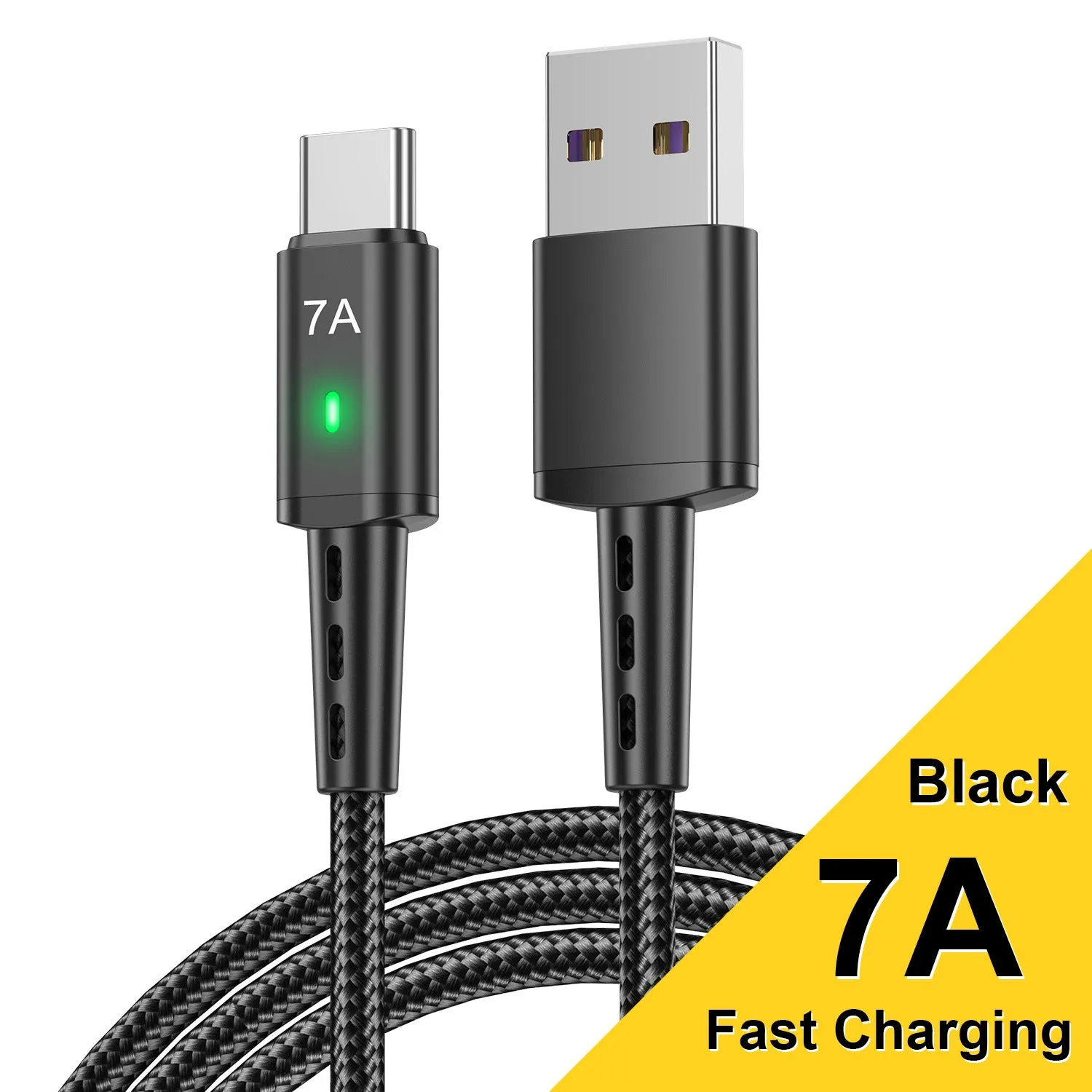 Braided Type-C charging cable 2 metres long, black nylon exterior with aluminium alloy connector and indicator light