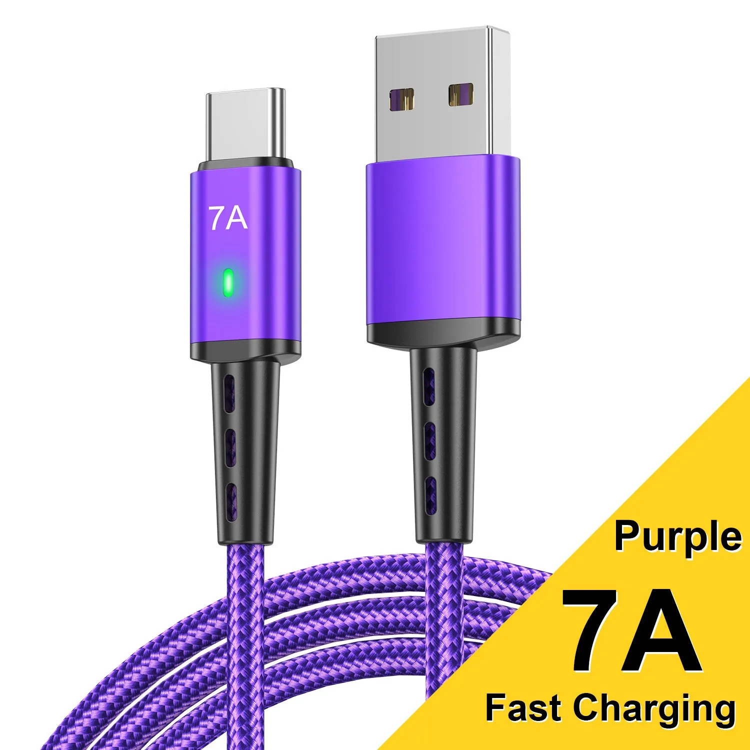 Braided Type-C charging cable 2 metres long, black nylon exterior with aluminium alloy connector and indicator light