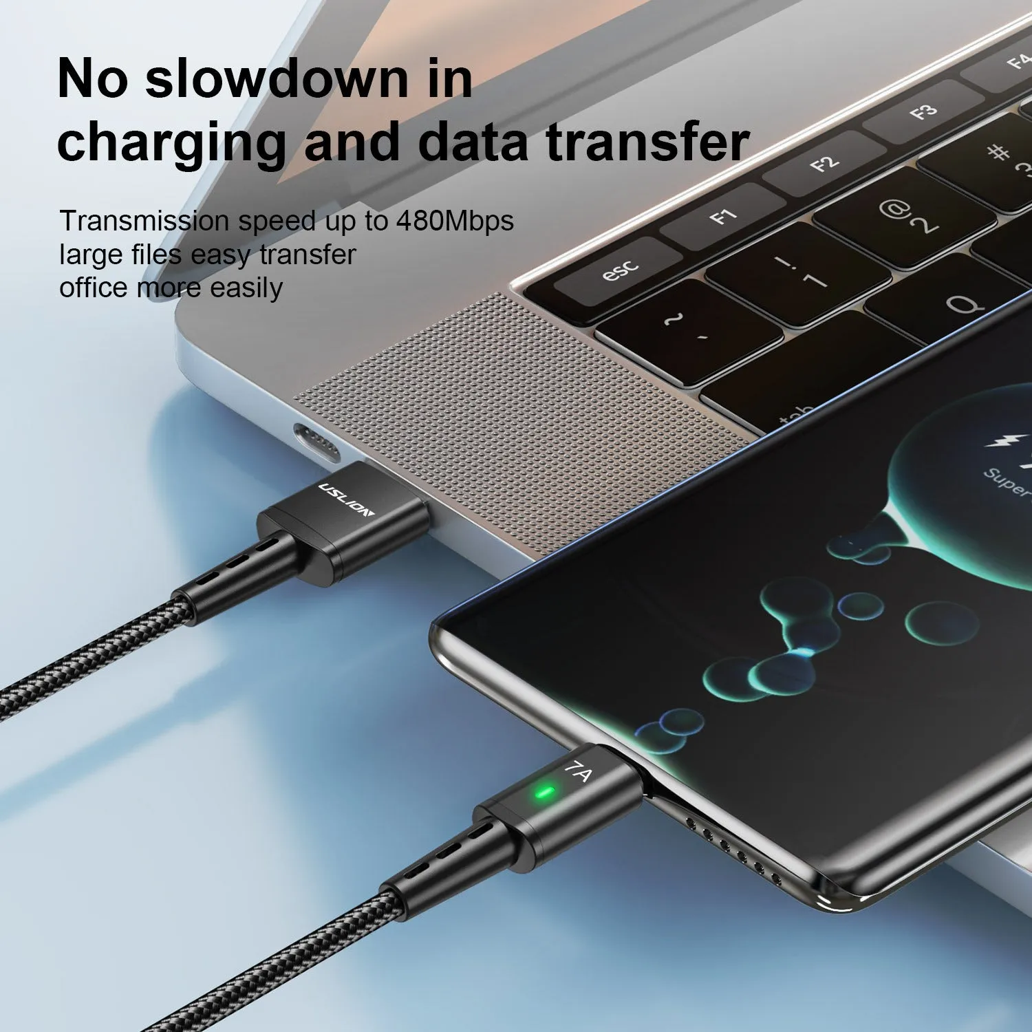 Braided Type-C charging cable 2 metres long, black nylon exterior with aluminium alloy connector and indicator light