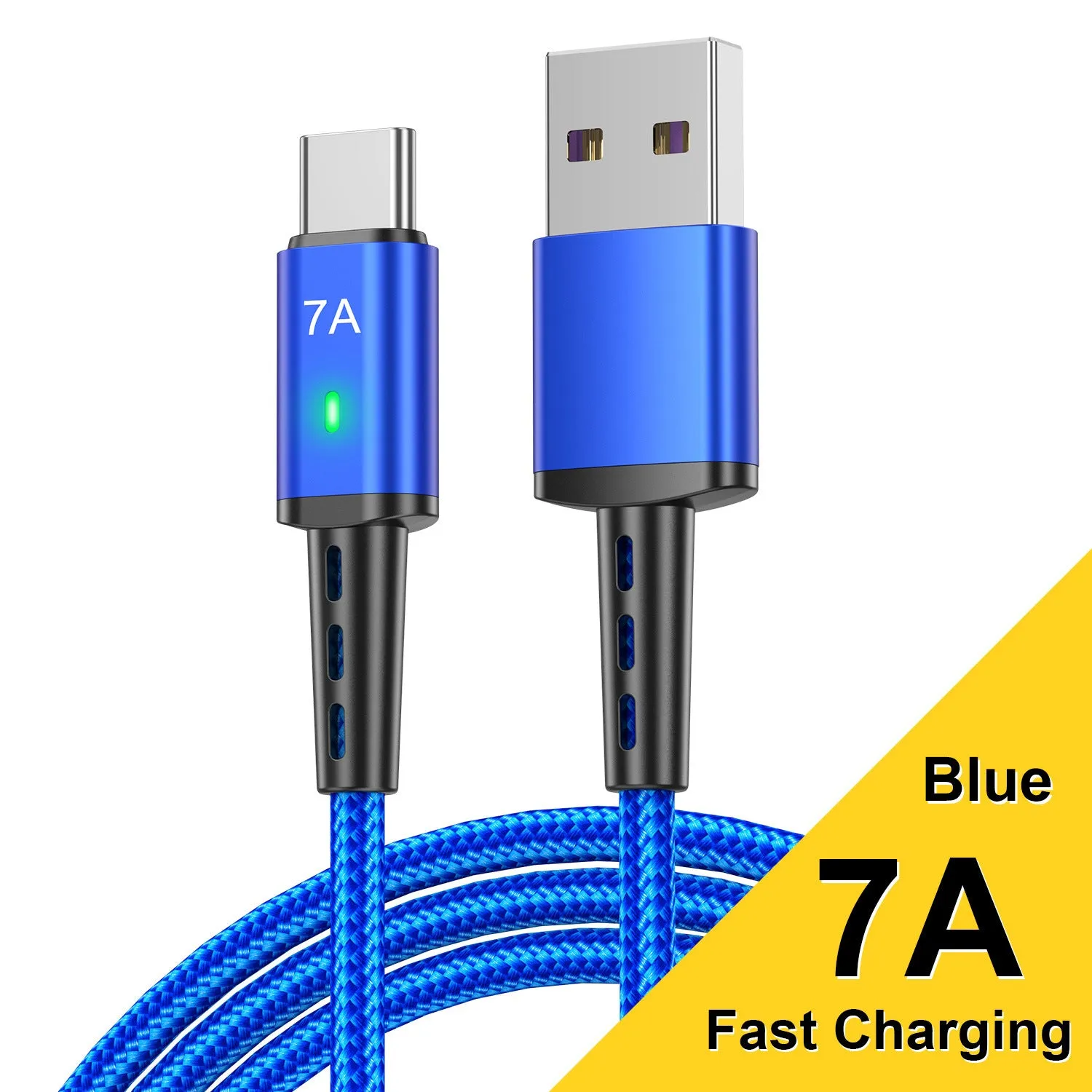 Braided Type-C charging cable 2 metres long, black nylon exterior with aluminium alloy connector and indicator light