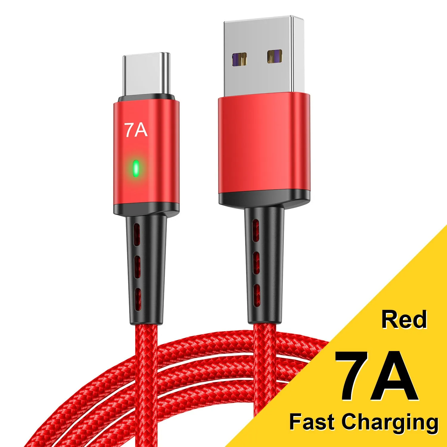 Braided Type-C charging cable 2 metres long, black nylon exterior with aluminium alloy connector and indicator light