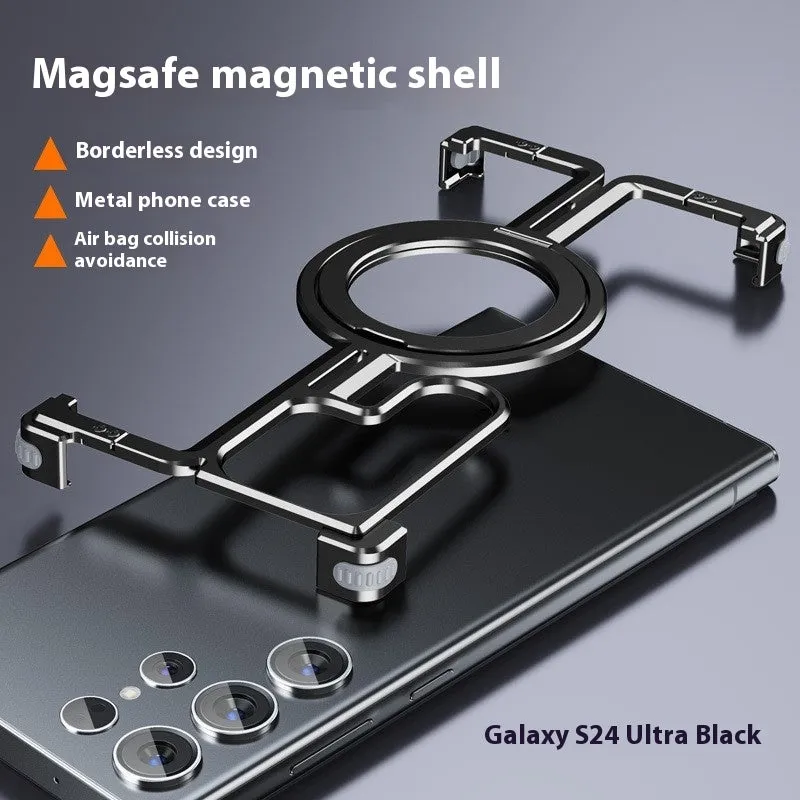 Metal drop-resistant frameless magnetic bracket case for Samsung S24 series in black with electroplated finish
