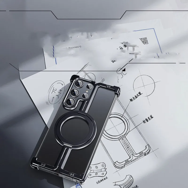 Metal drop-resistant frameless magnetic bracket case for Samsung S24 series in black with electroplated finish