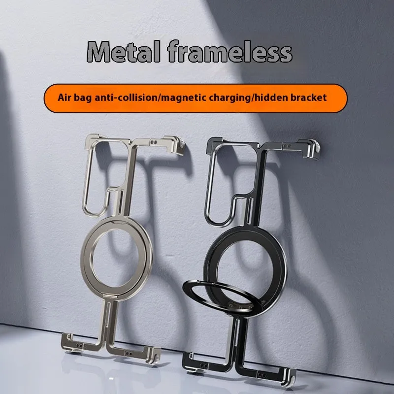 Metal drop-resistant frameless magnetic bracket case for Samsung S24 series in black with electroplated finish