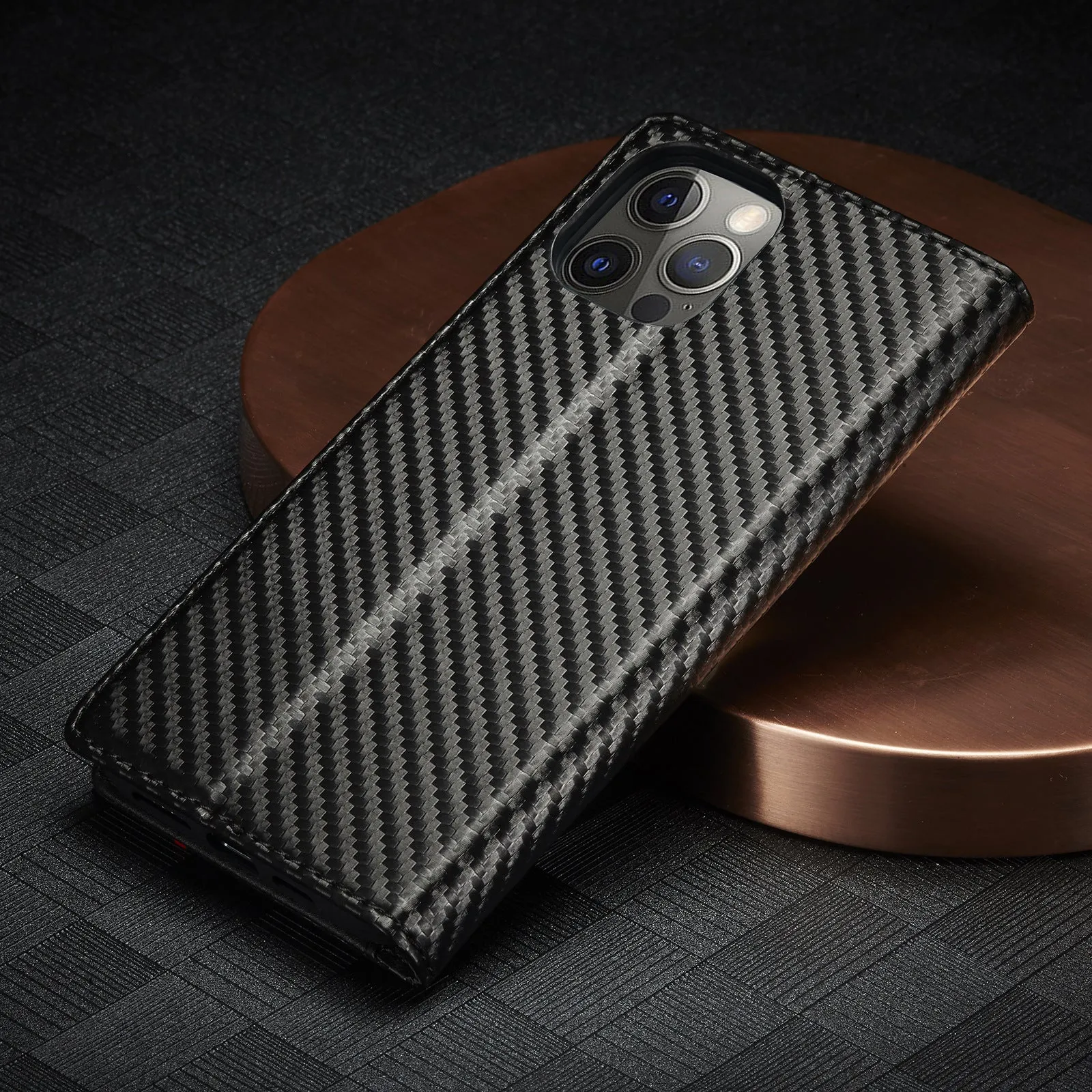 Flip leather phone case with carbon fibre magnetic mixed style in horizontal colour for iPhone