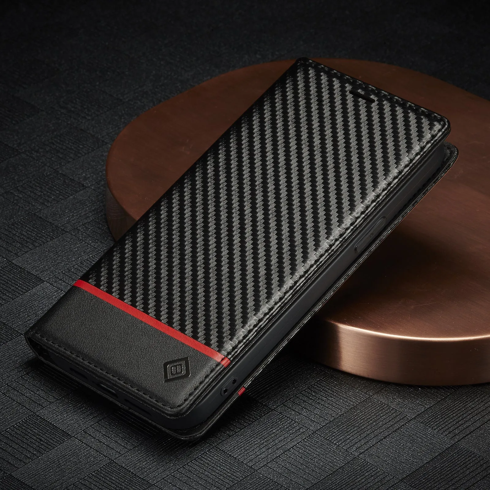 Flip leather phone case with carbon fibre magnetic mixed style in horizontal colour for iPhone