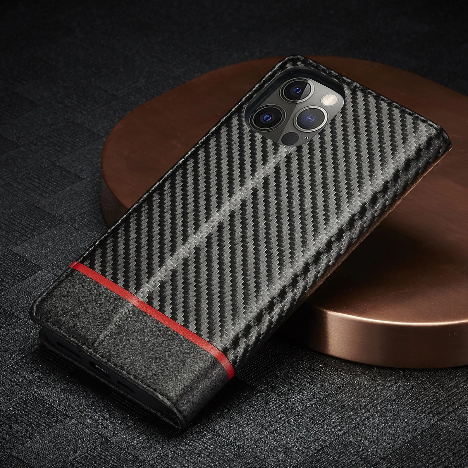 Flip leather phone case with carbon fibre magnetic mixed style in horizontal colour for iPhone