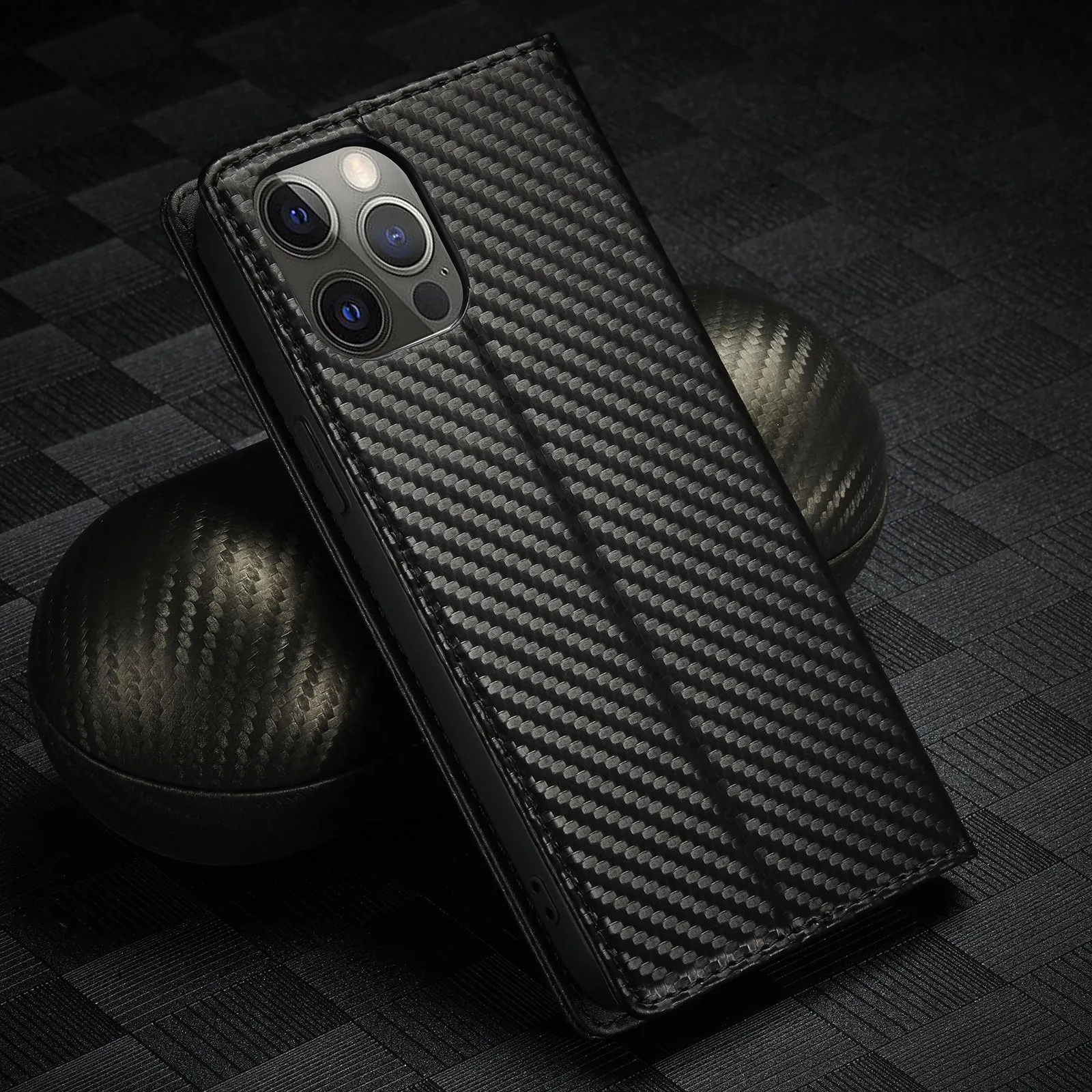 Flip leather phone case with carbon fibre magnetic mixed style in horizontal colour for iPhone