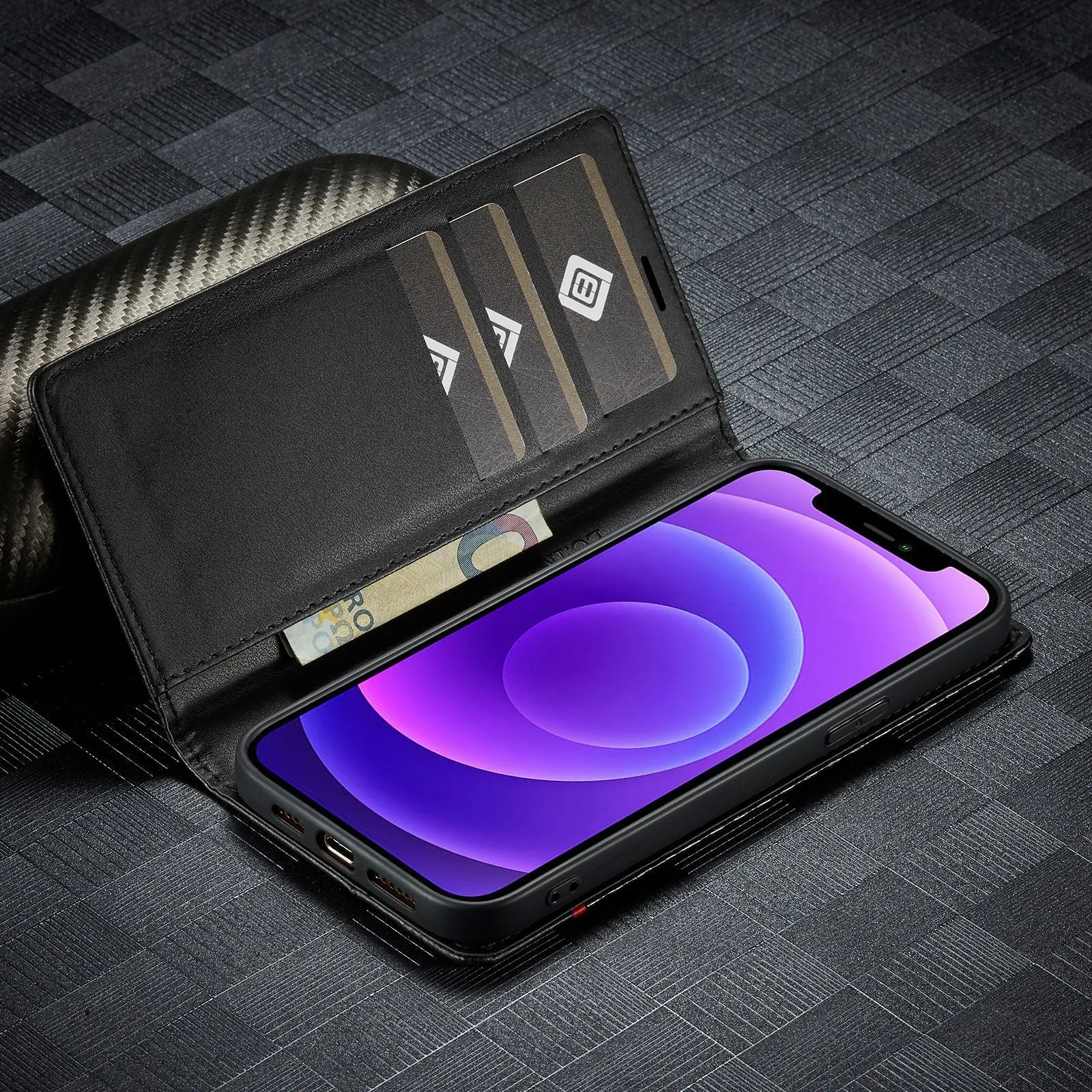 Flip leather phone case with carbon fibre magnetic mixed style in horizontal colour for iPhone