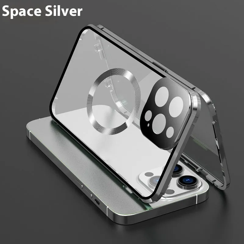 Magnetic metal all-inclusive phone case for iPhone 12 13 14 15, transparent HD finish, electroplated surface