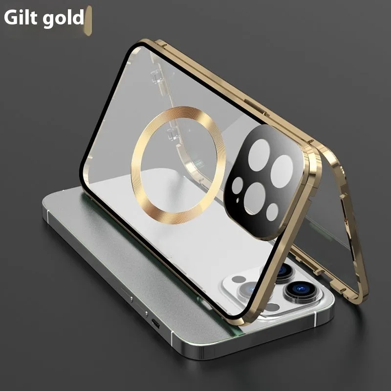 Magnetic metal all-inclusive phone case for iPhone 12 13 14 15, transparent HD finish, electroplated surface
