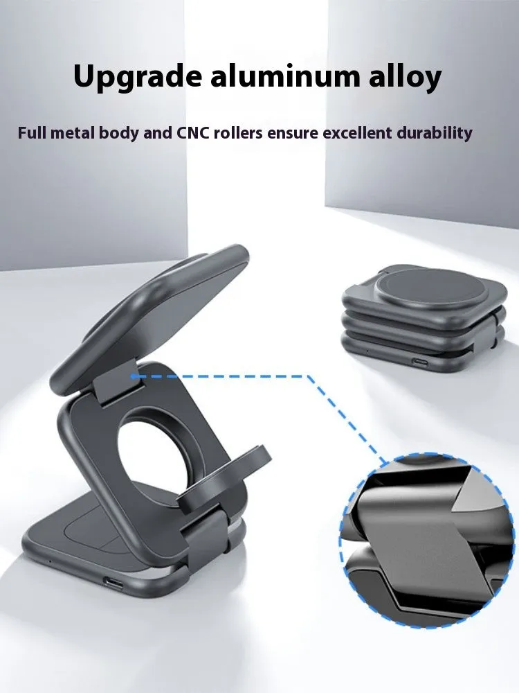 Three-in-one folding magnetic wireless charger for mobile watch headset in black aluminium alloy finish