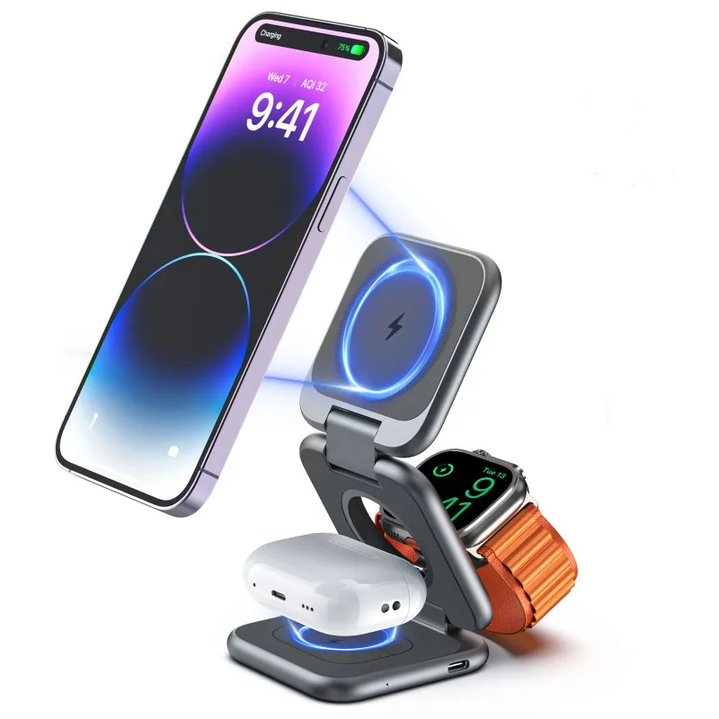 Three-in-one folding magnetic wireless charger for mobile watch headset in black aluminium alloy finish