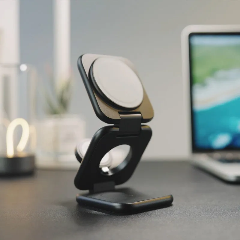Three-in-one folding magnetic wireless charger for mobile watch headset in black aluminium alloy finish