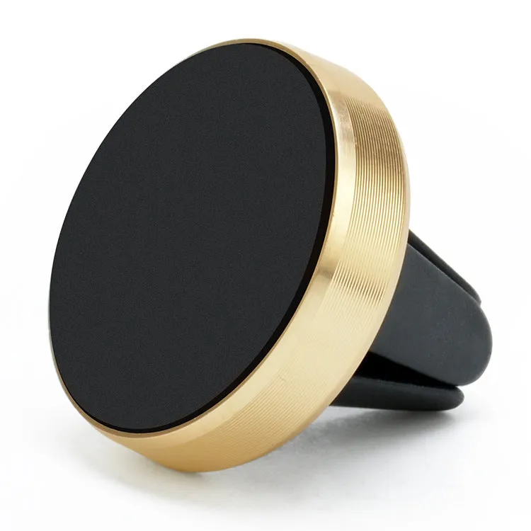 Magnetic car air vent mobile phone holder in rose gold, showing clip and 360-degree rotation joint.