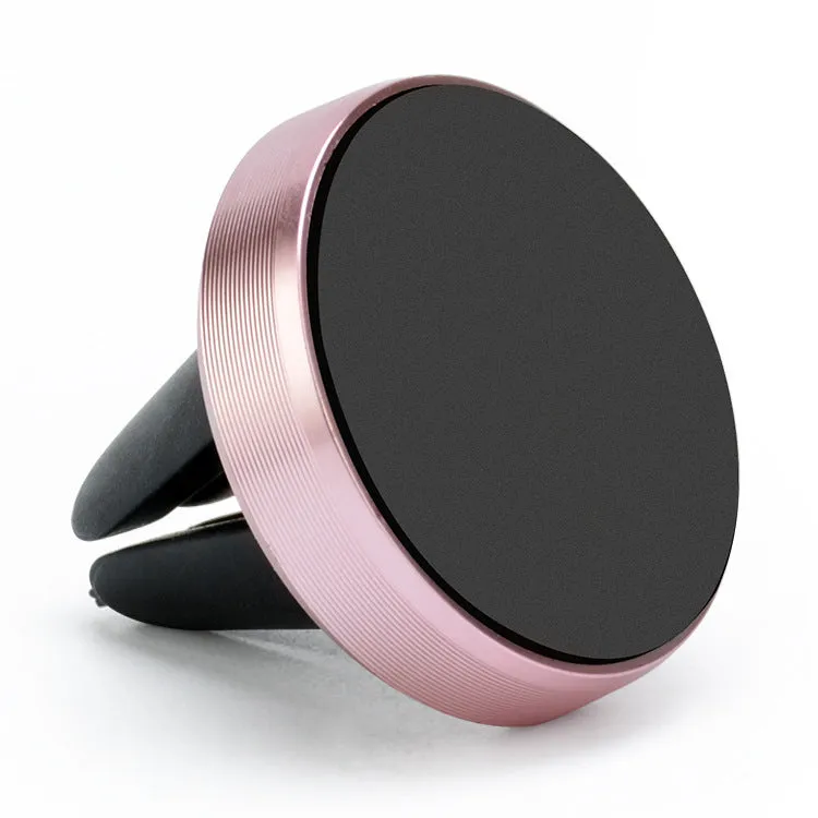 Magnetic car air vent mobile phone holder in rose gold, showing clip and 360-degree rotation joint.
